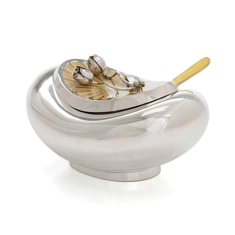 Sugar bowl and spoon, silver and enamel, the bowl by Anita Sarlin. Tillander, Helsinki, 1950.
