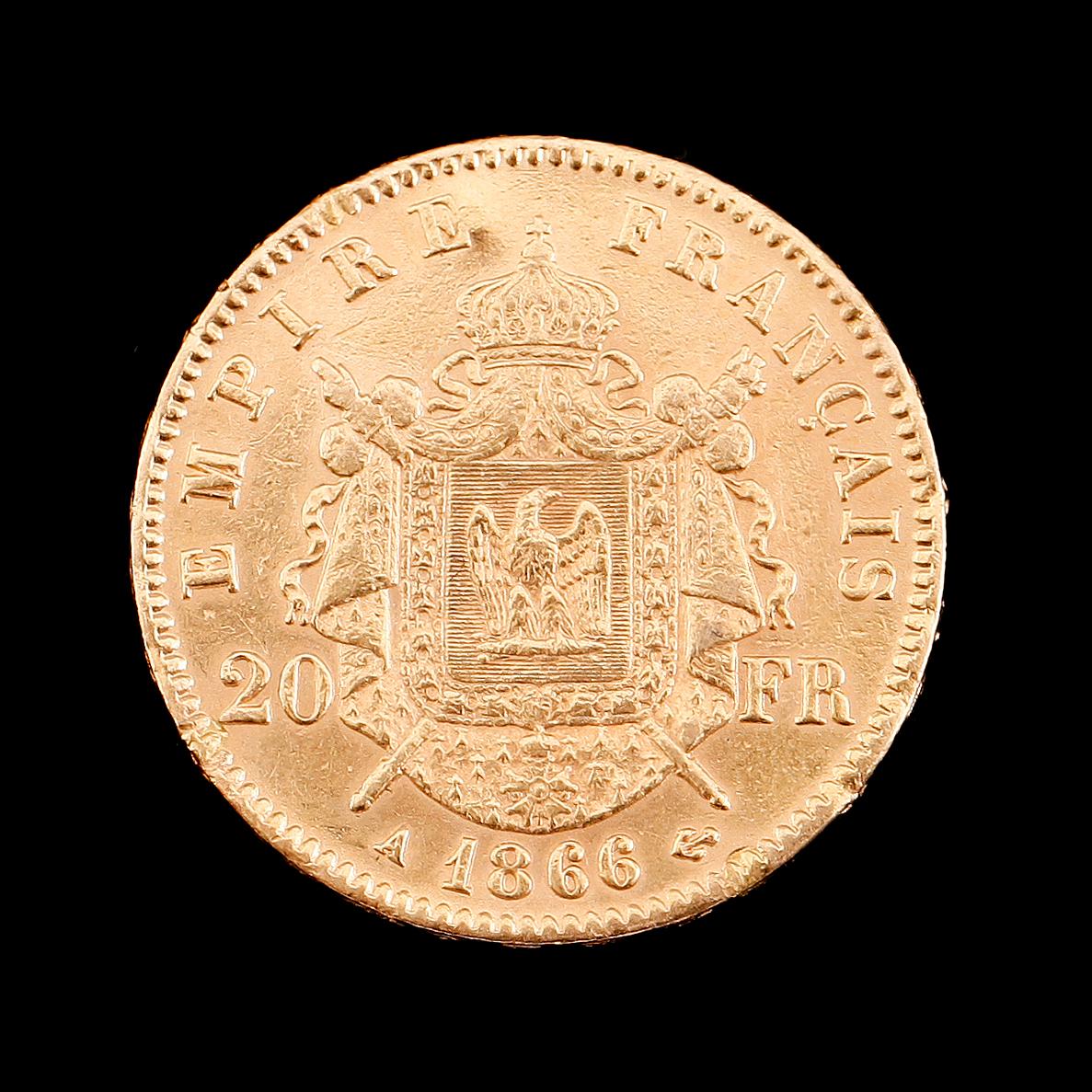 GULDMYNT, 20 franc, Napoleon III, 1866. Vikt ca 6 gram.