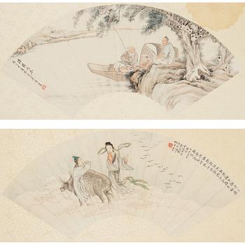 696. Two fan paintings by unknown artist, late Qing dynasty, circa 1900.