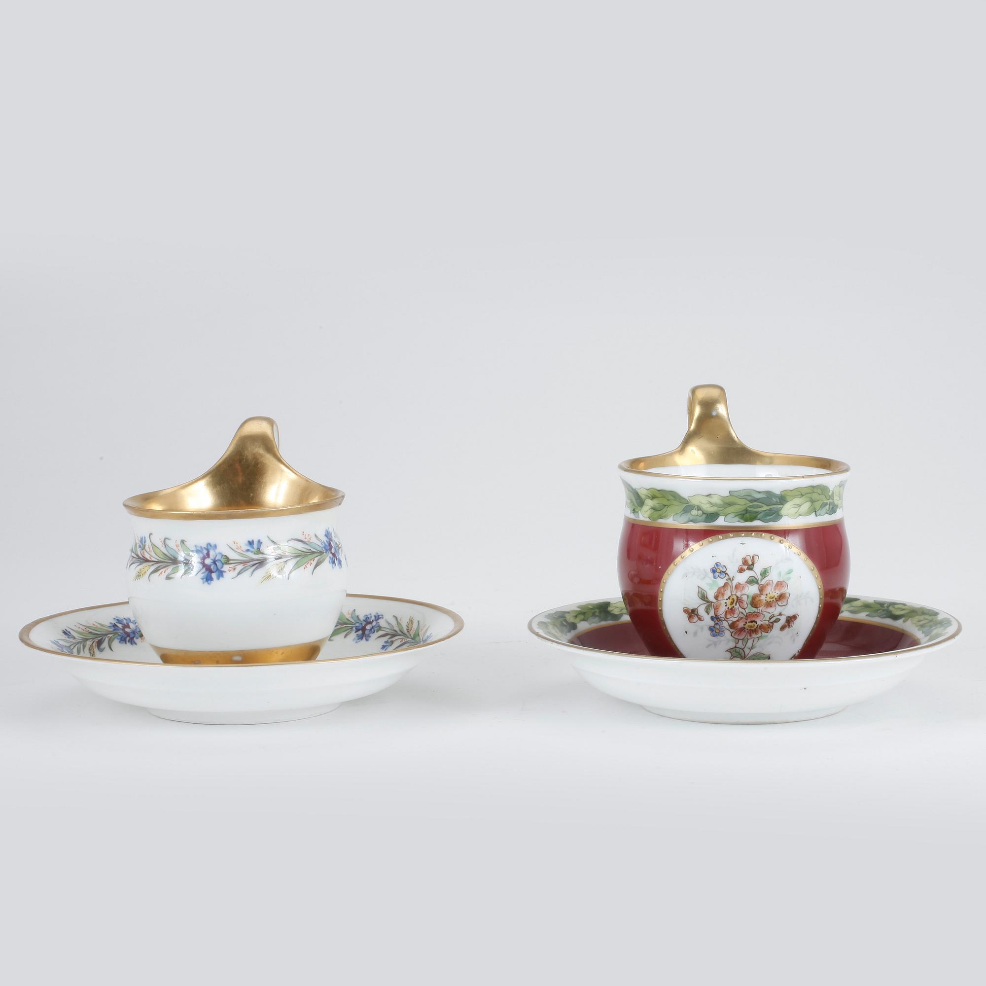 KOPPAR med FAT, 2 st, porslin, bl.a. Berlin, 1800-tal.