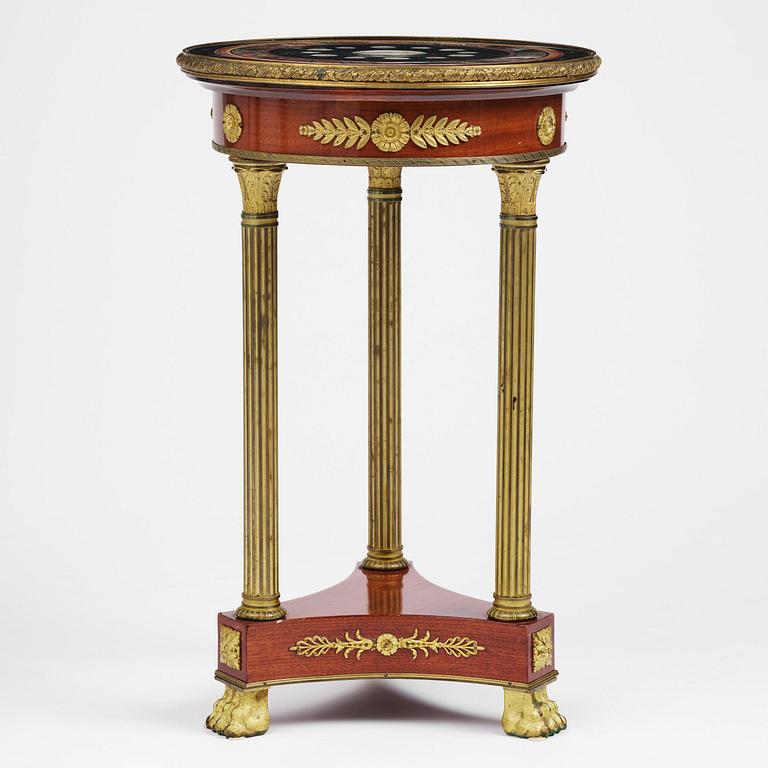 An Empire-style mahogany table with a pietre dure, micromosaic and specimen marble top, mid 19th century.