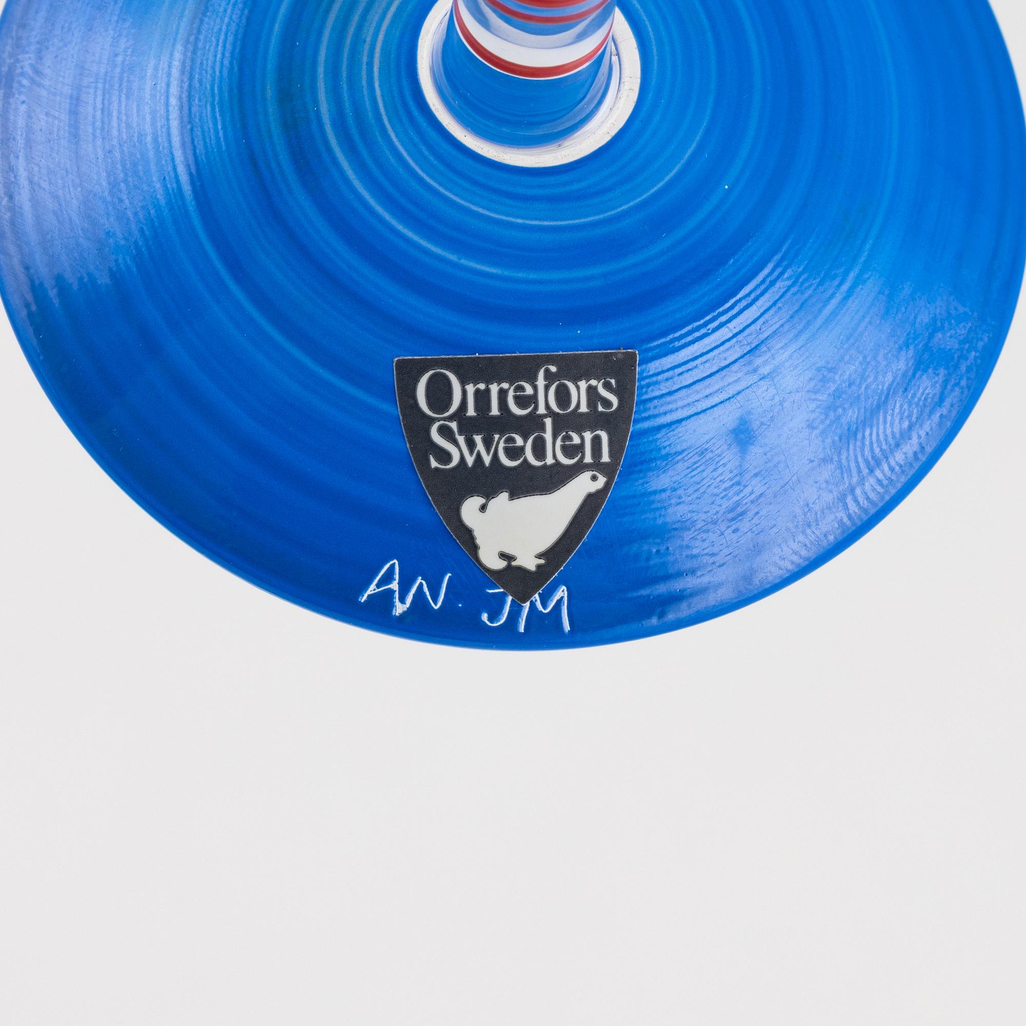 Anne Nilsson, eight 'Clown' vodka glasses and a decanter, Orrefors.