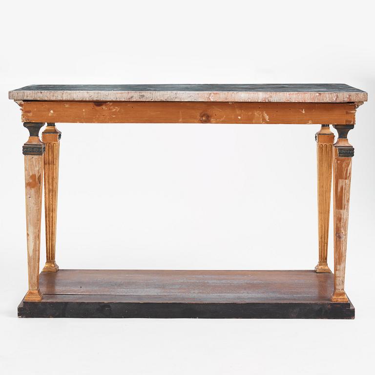 A late Gustavian giltwood, patinated and Bleu Turquin console in the manner of J. Frisk, Stockholm circa 1800.