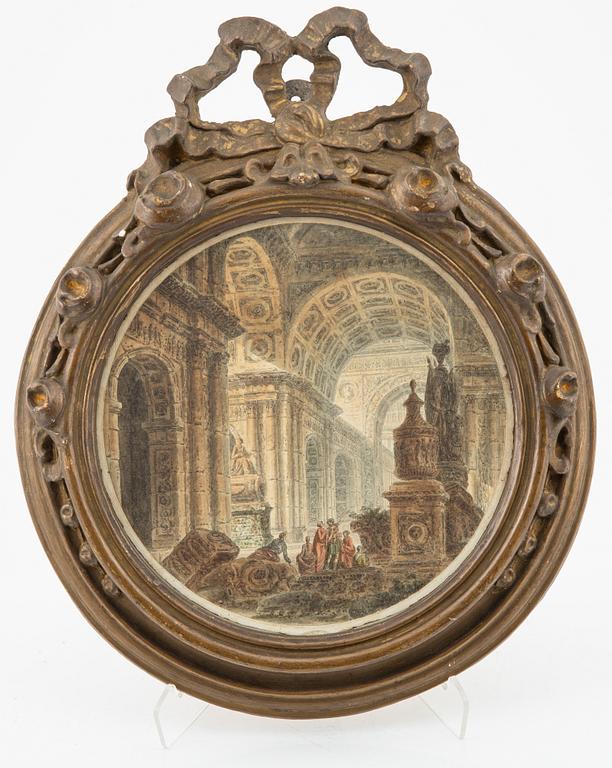 Gravyrer, ett par, kolorerade,  1700-tal, troligtvis Frankrike/Italien, signerade.