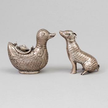 Two Chinese low halt silver figures, 20th century.