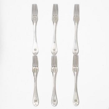 Six Swedish silver forks, mark of Olof H Bergström, Uppsala 1815.