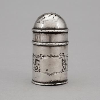 A Victorian silver salt shaker marked Birmingham 1897 and a collection of silver (3) and plate (9) flatware.