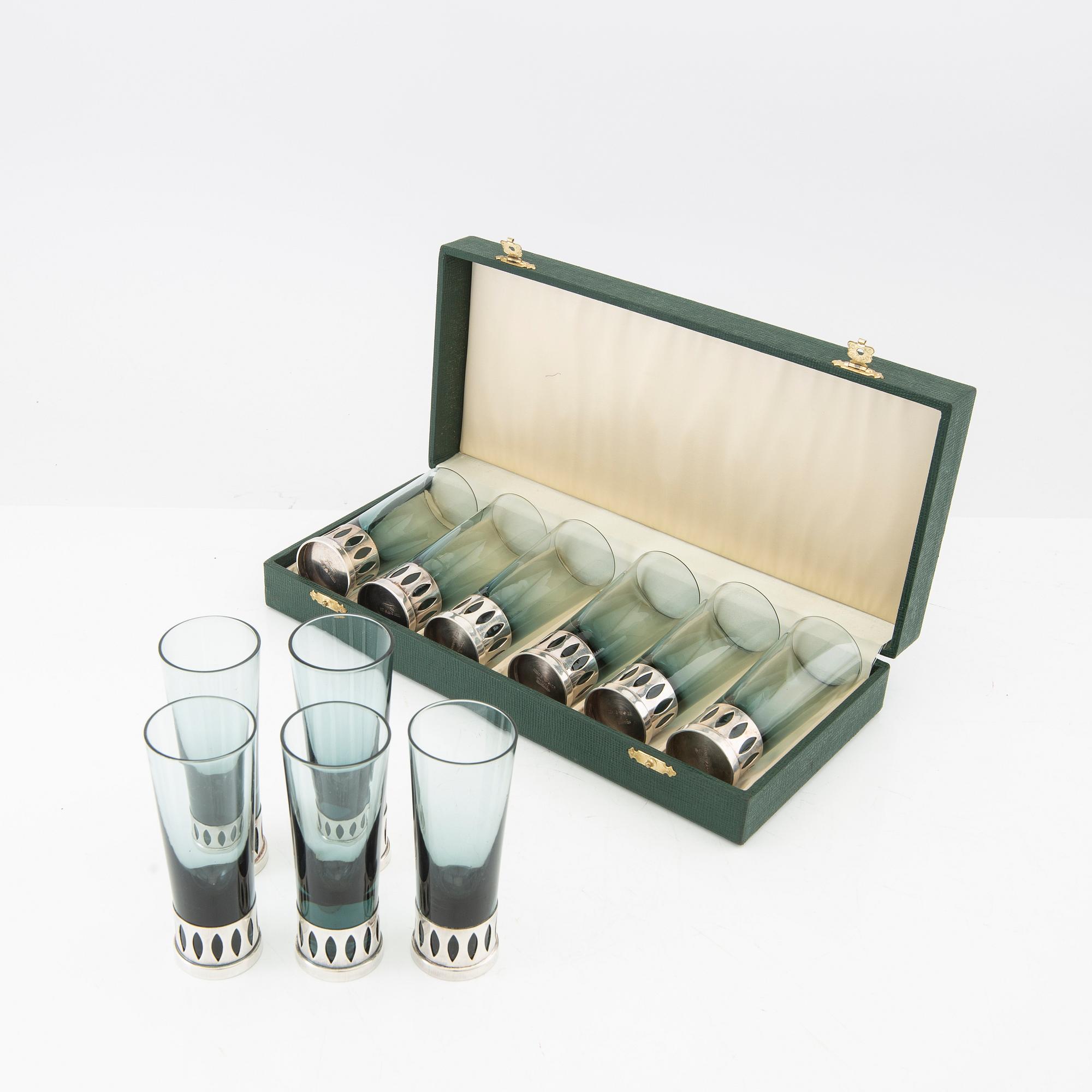 Tage Göthlin snapsglas, 11 st, silver och glas, TESI Göteborg och Skrufs glasbruk, 1964.