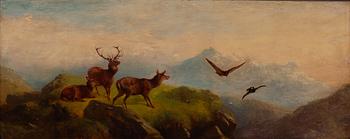 Edwin Henry Landseer, in the manner of, Highland landscape with deer and birds.