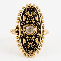 Ring, oval shape, 18K gold with black enamel and rose-cut diamond, 19th century.