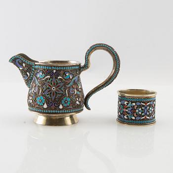 Cream jug and napkin ring Russia silver and enamel 1908-26.