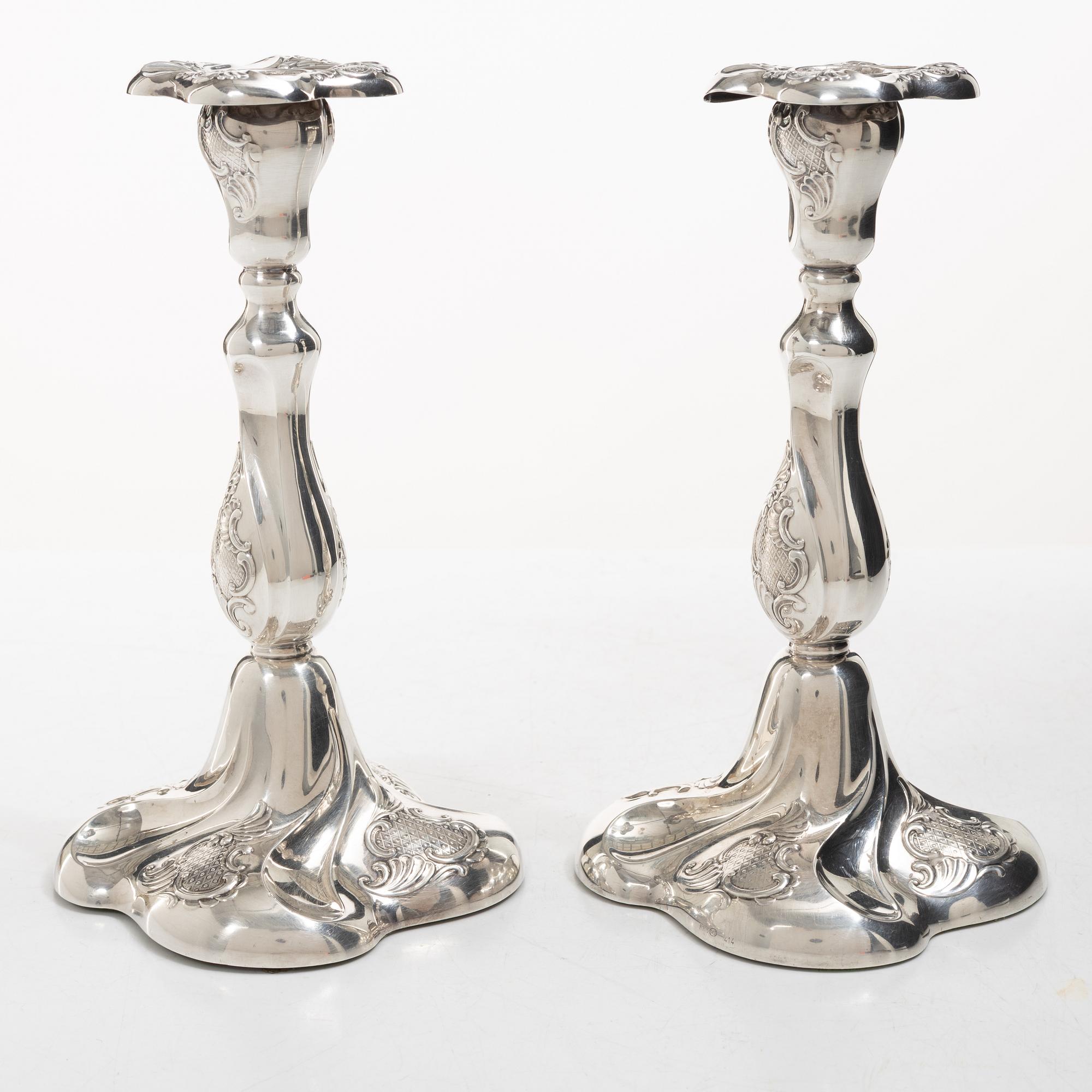 Candlesticks, a pair, silver, Rococo style, Thorvald Marthinsen Sølvvarefabrik, Tönsberg, Norway, 20th century.