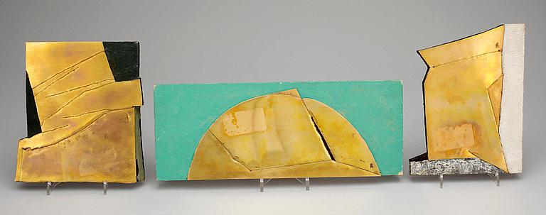 SHIN KUNO, skulpturer, 3 st, koppar på trä, sign, varav två dat 1961 / 1962.
