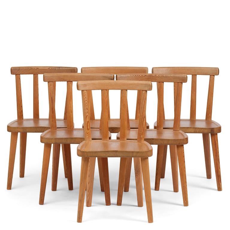 Axel Einar Hjorth, a set of six stained pine "Utö" chairs, Nordiska Kompaniet, Sweden, 1930s.