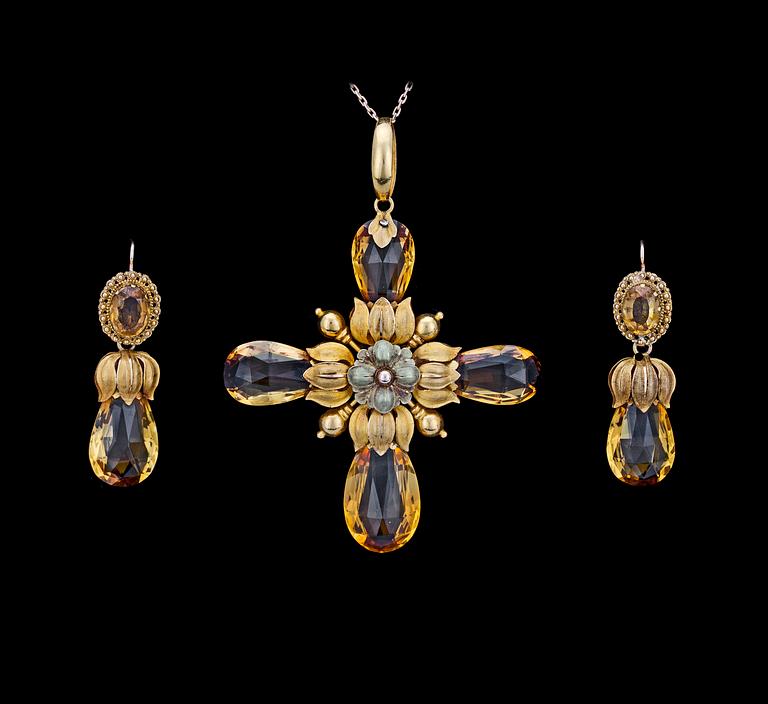 A gold and citrine pendant and pair of earrings, mid 19th century.