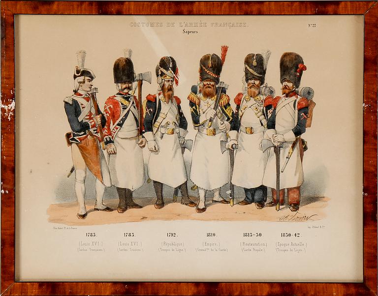 LITOGRAFISKA UNIFORMPLANSCHER, 8 st, Costumes de l'armée Française, 1800-talets slut.