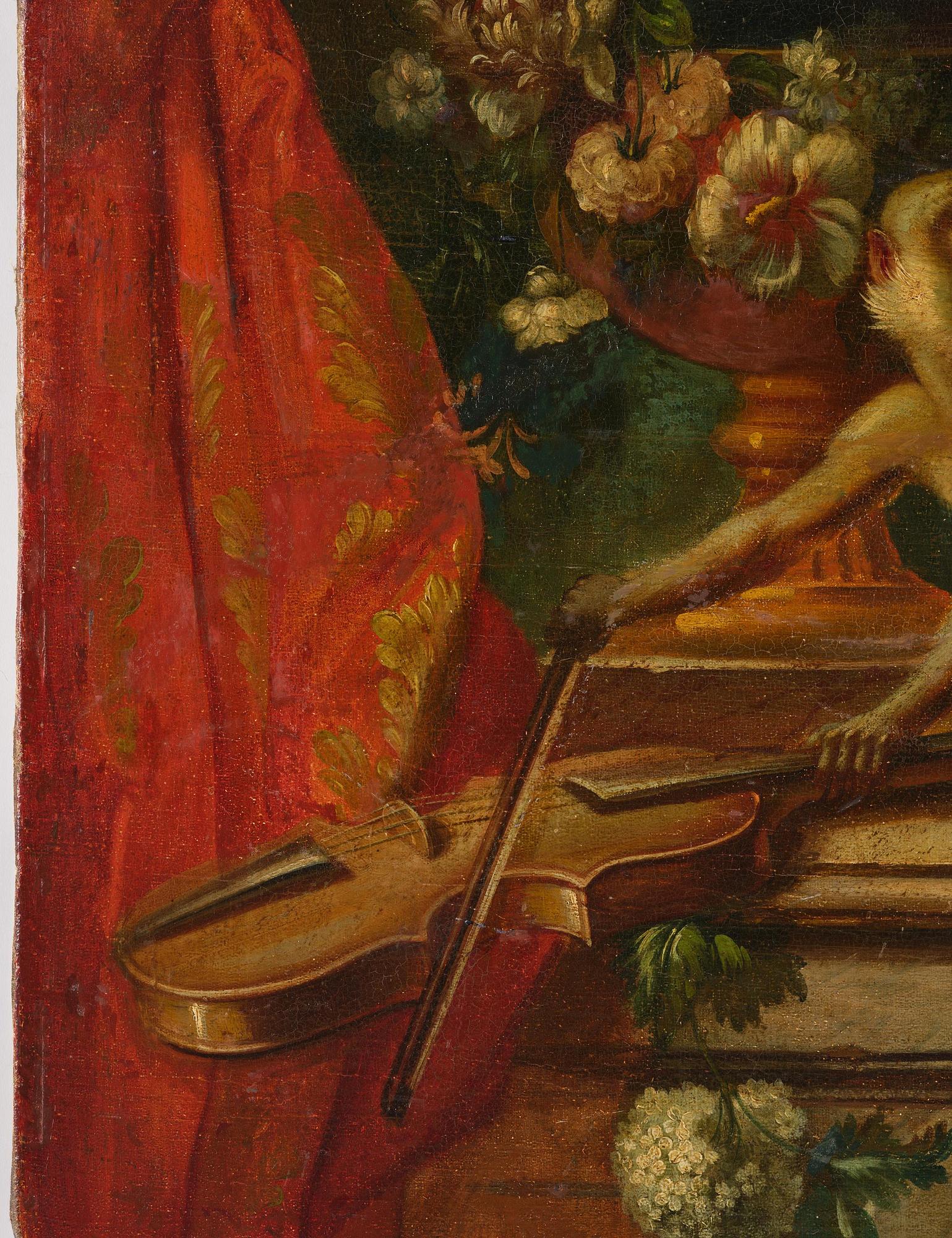 Pieter Casteels III, follower of, Wall panels, a pair, Flower urns with a parrot and a monkey respectively.