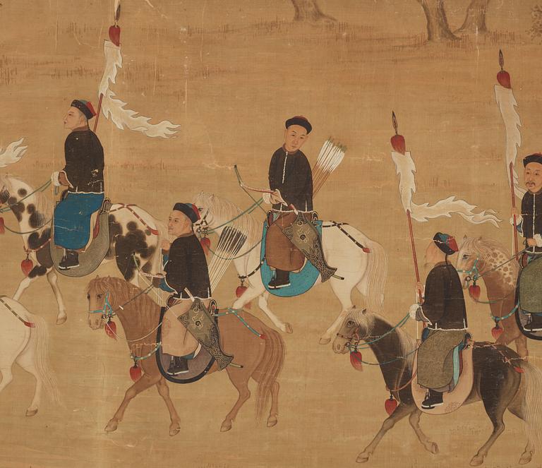 A large hand scroll of an imperial hunting part, Qing dynasty.