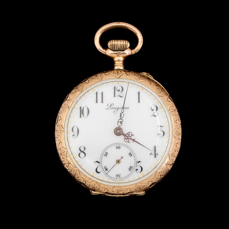 FICKUR, 14K guld, Longines, Grand Prix, Paris, 1900. Total vikt inklusive urverk ca 35 g.