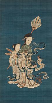 1449. A blue ground kesi hanging scroll, depicting Xi Wangmu with a Jade girl and Phoenix, Qing dynasty, 19th Century.