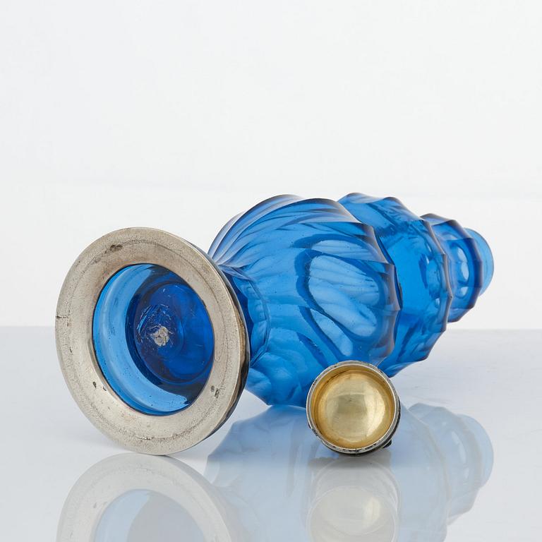 A Swedish Rococo blue glass and silver bottle, marked Lorenz Vick (Ulricehamn 1766-1808).