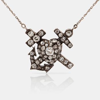 A necklace with symbols for "faith, hope, and love" set with old cut diamonds. Total carat weight circa 2.00 cts.