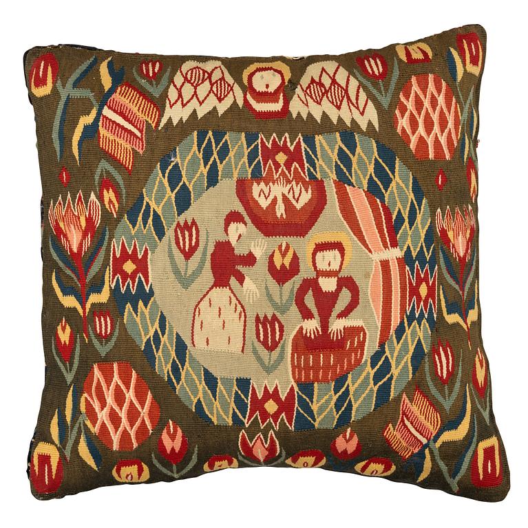 Kudde (Jynne), "Bebådelsen", flamskväv, ca 40 x 43 cm, Skåne, 1800-talets förra hälft.