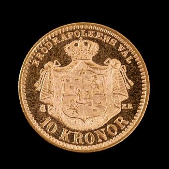 GULDMYNT, 10 kronor, Oscar II, 1894.  Vikt ca 5 gram.
