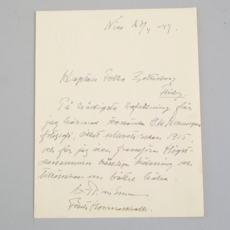 A signed photograph of King Gustav V of Sweden, dated 1949, in silver frame.