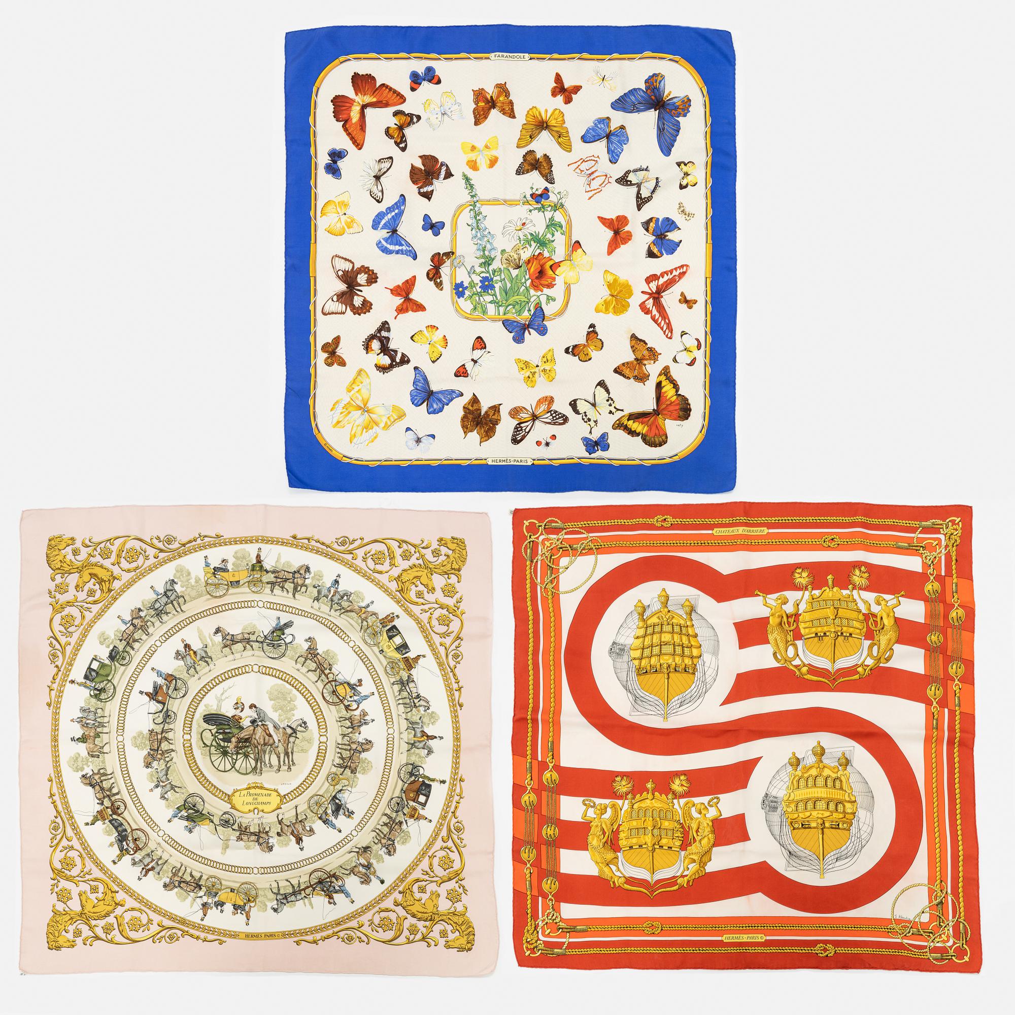 Hermès, three silk scarves.