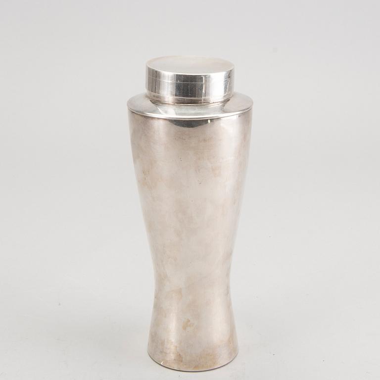 A set of 12 silver plated cocktail glasses and a shaker mark By CG Hallberg Stockholm mid 1900s.
