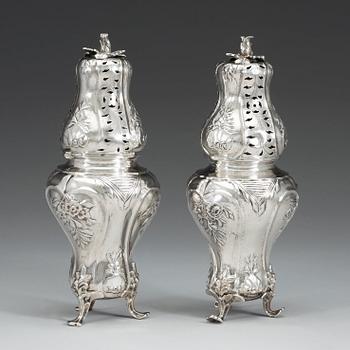 A Swedish 18th century silver sugar-casters, marked Lorentz Lindgren, Borås 1779, and one later copy with false marks.