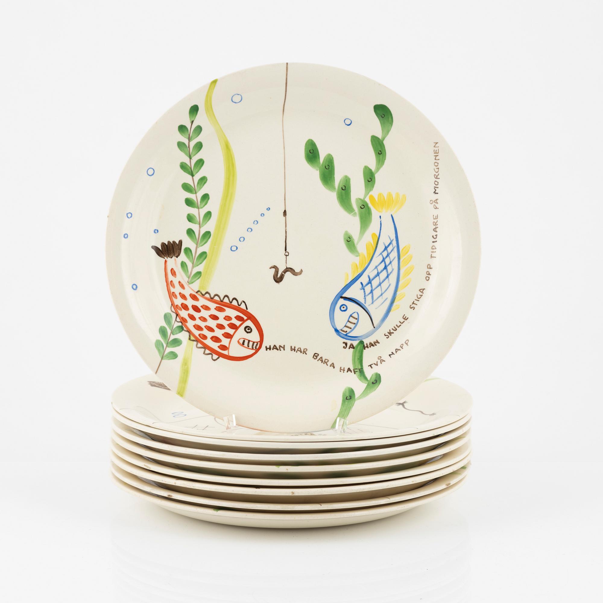 Stig Lindberg, tallrikar, 9 st, "Löja", Gustavsberg.