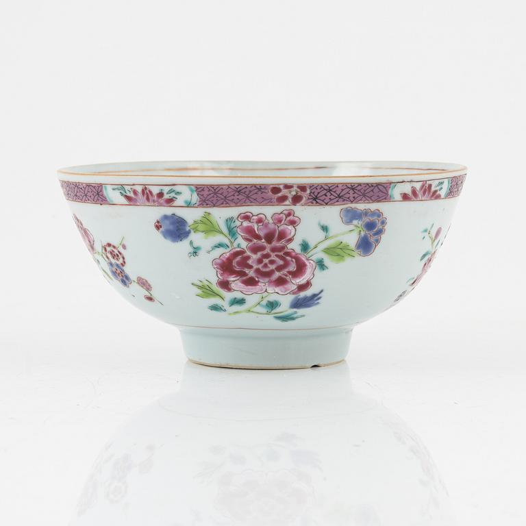 A famille rose dish, sauce boat and bowl, Qing dynasty, 18th Century.
