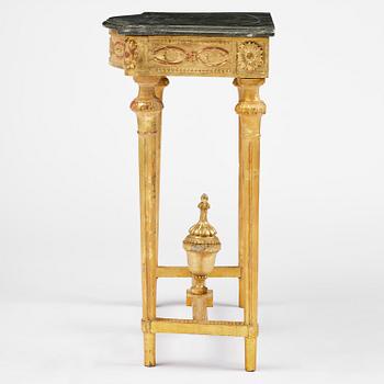 A Gustavian giltwood and Kolmårdsmarble-top console table, Stockholm, late 18th century.