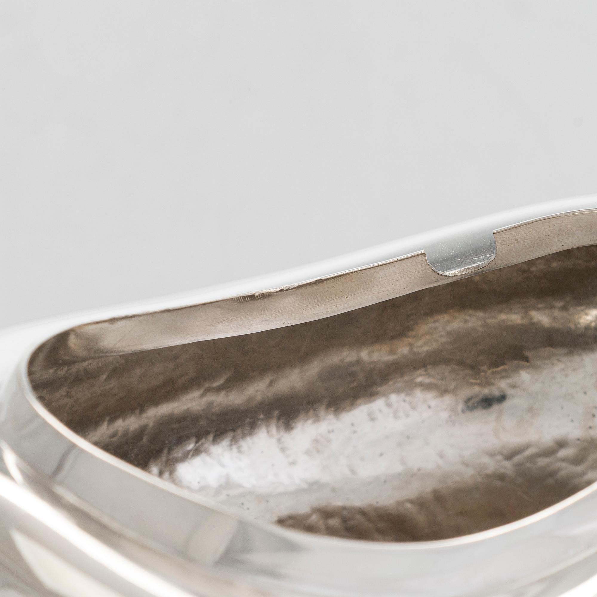 Sugar bowl and spoon, silver and enamel, the bowl by Anita Sarlin. Tillander, Helsinki, 1950.