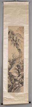 A hanging scroll of a landscape in the style of the Yuan artist Ke Jiusi, by Jiang Jun (1847-1919), signed.