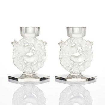 René Lalique, a pair of “Mésanges” cast glass candlesticks, France, post-1943.