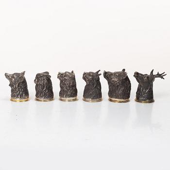 Six Russian parcel-gilt silver animal's head stirrup cups, including with mark of Nikols & Plinke, St. Petersburg.