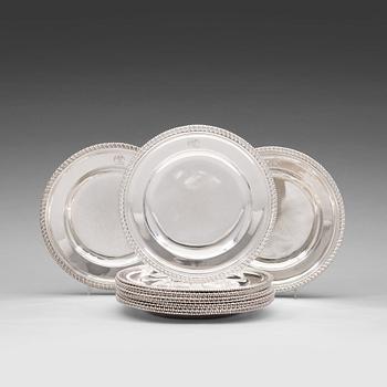 165. A set of 12 English silver plates, mark of John Le Sage and Georg Hunter I, London 1731 and 1762.