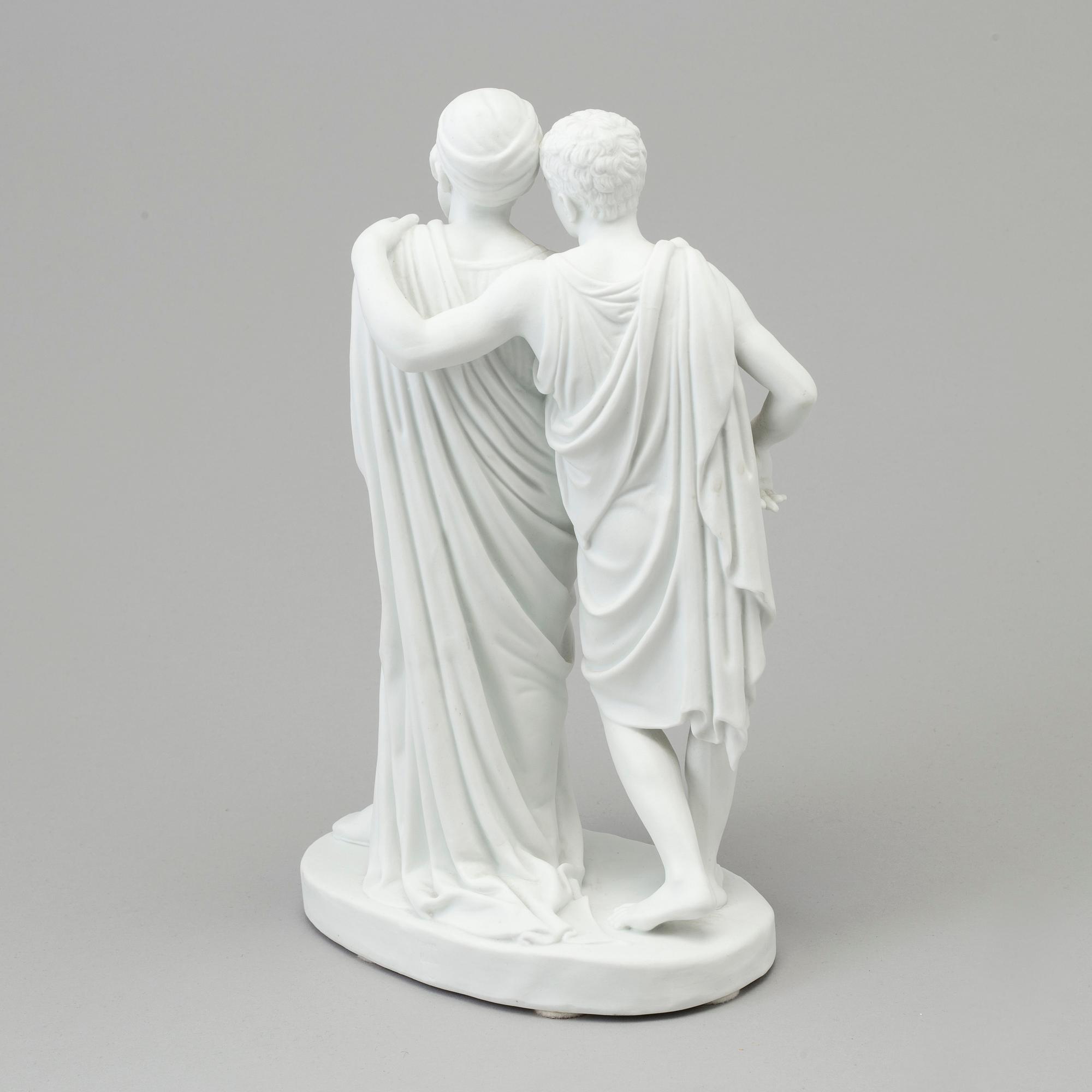 A bisquit scultpure of 'a son with his father' after Bertel Thorvaldsen, Bing & Gröndahl, Denmark, 19th Century.
