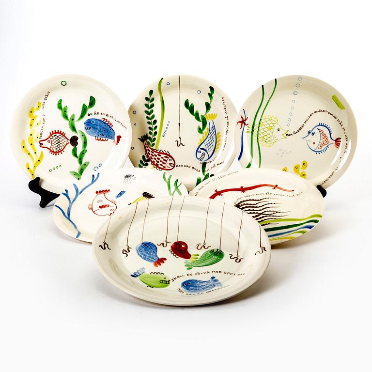 Stig Lindberg, a set of six 'Löja' creamware plates, Rörstrand.