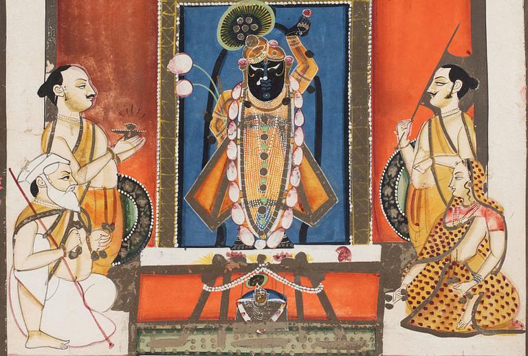 MÅLNING, guache med guld och silver på kartong. Indien, Rajashan, Nathdwara, omkring 1850.