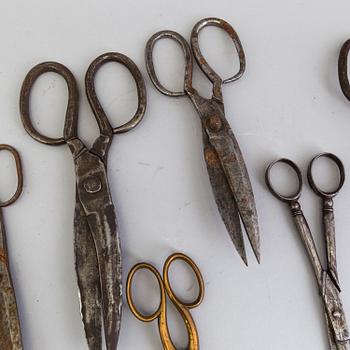 9 pair of iron and metal scissors from the 19th century.