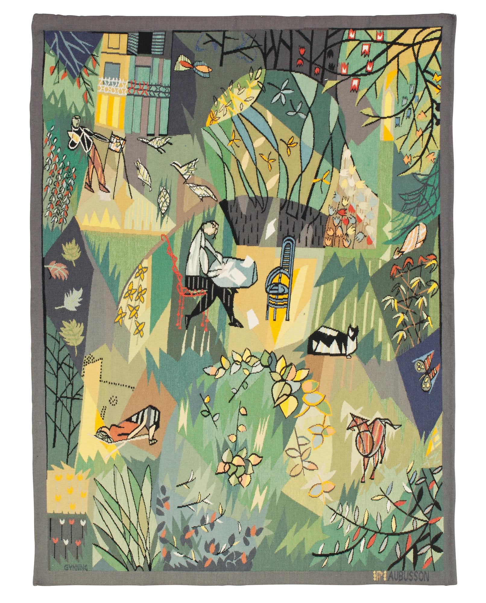 VÄVD TAPET. "Mon Jardin". Gobelängteknik. 137 x 100,5 cm.  Signerad GYNNING PF AUBUSSON.
