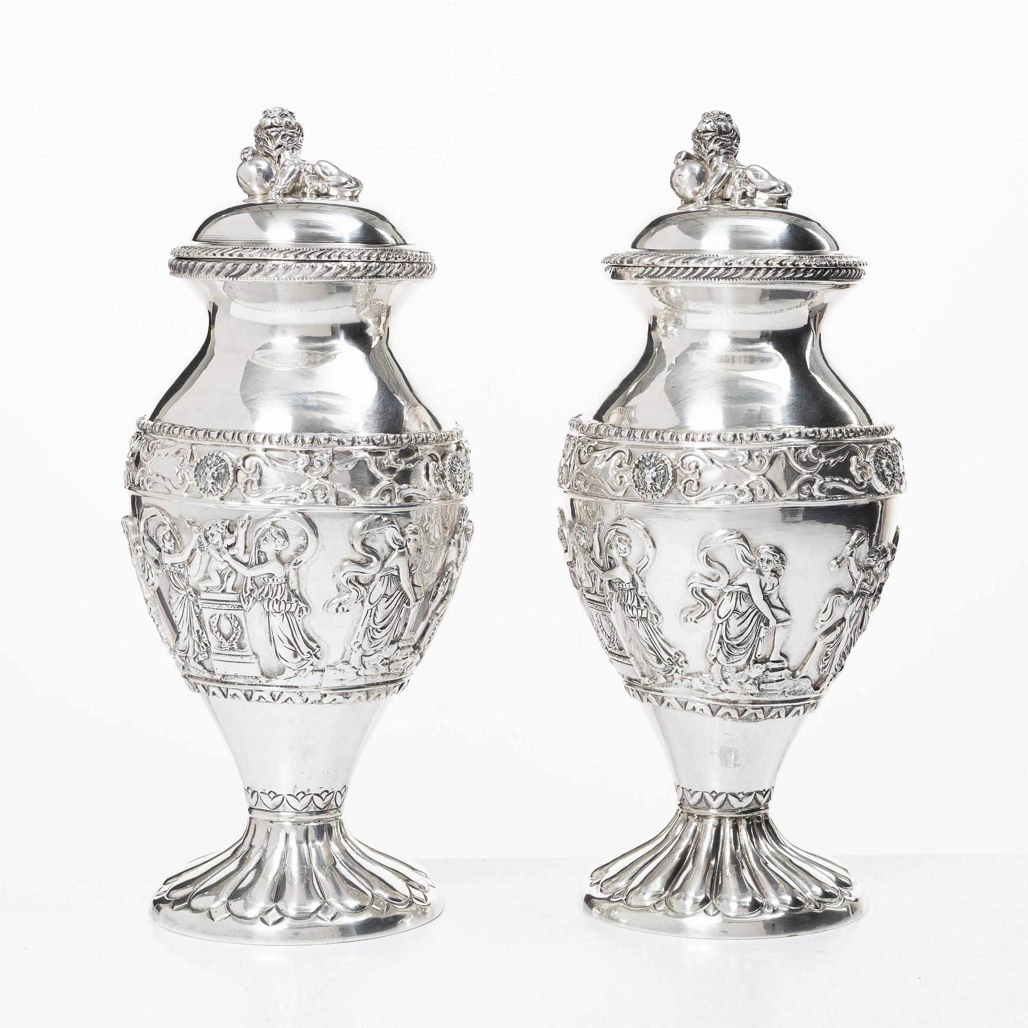 Lale Silverware & Co Ltd, a pair sterling silver lidded urns, Istanbul, Turkey 20th century.
