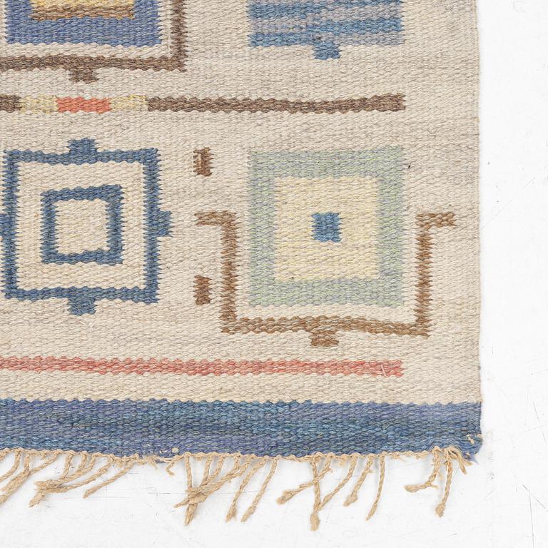 A carpet, flat weave, ca 201 x 141 cm, signed JBV (Johanna Brunssons Vävskola).