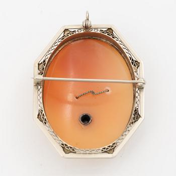 Brooch/pendant, 14K white gold and pendant in 18K gold, both with shell cameos, one with a small diamond.