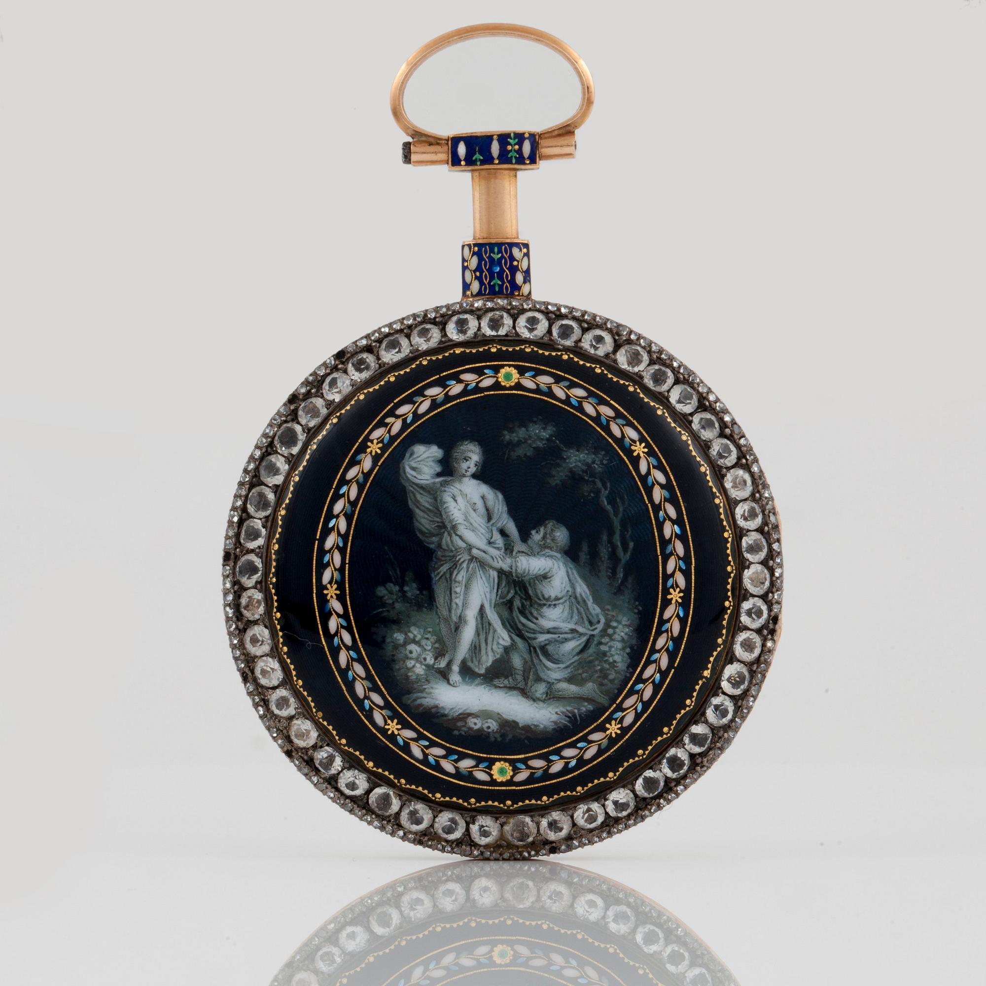 FICKUR, guld, emalj, pärlor samt pastestenar, märkt: "Breguet, Paris", sannolikt 1700-talets slut.