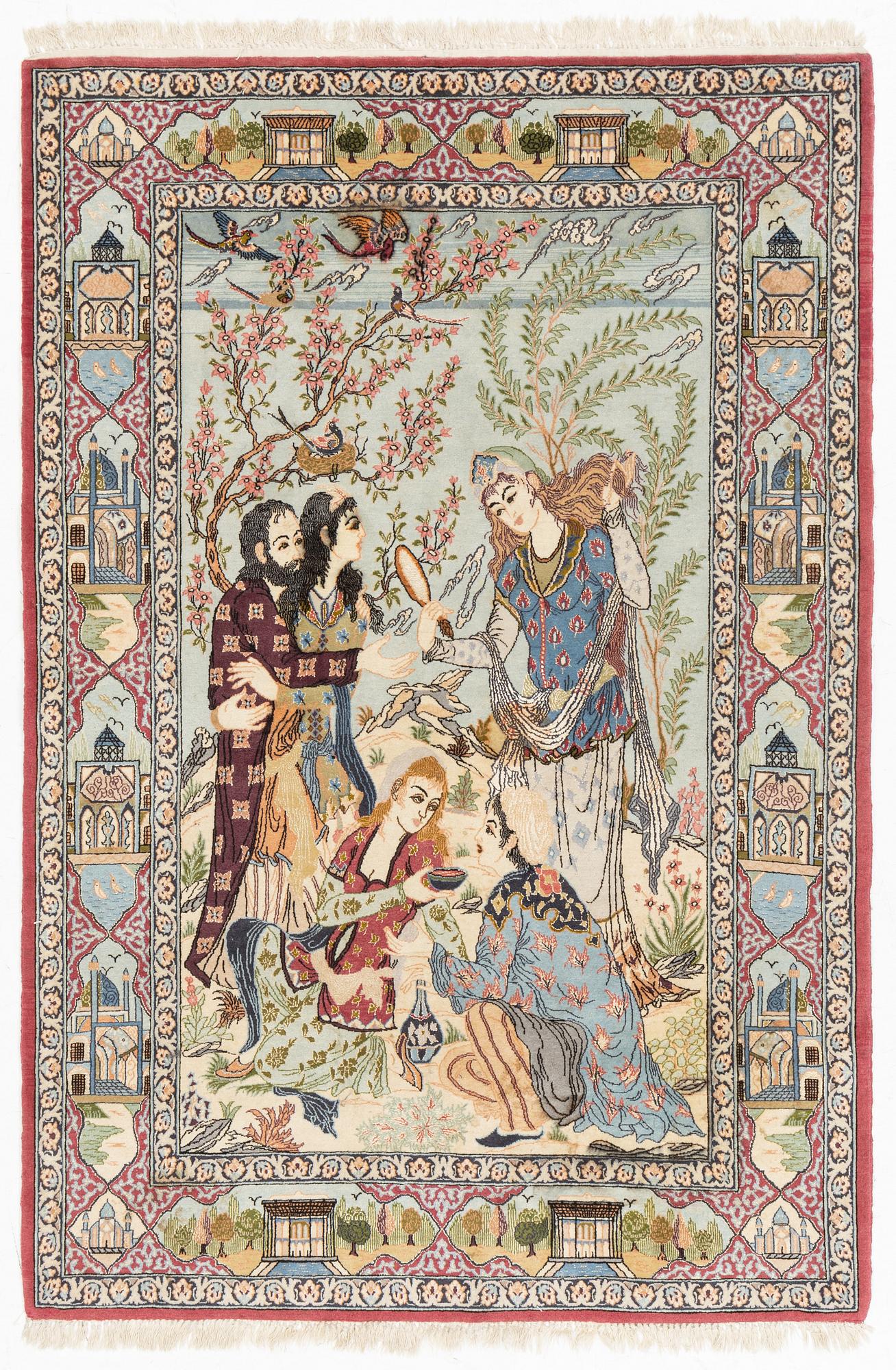 A figural Isfahan part silk rug, old, c. 167 x 113 cm.
